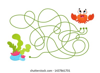 Vector cartoon crab in children's style. Vector illustrations for children books. Labyrinth. Educational game for children. 