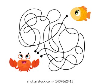 Vector cartoon crab in children's style. Vector illustrations for children books. Labyrinth. Educational game for children. 