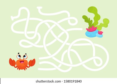 Vector cartoon crab. Vector illustrations for children books. Labyrinth. Educational game for children. 