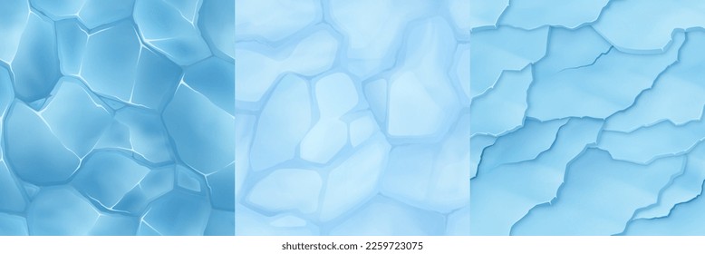 Vector cartoon crack ice game seamless background texture set. Winter asset surface gui kit. Isolated square frozen top view ground piece. Brocken hockey field pattern. Blue clean ice illustration.