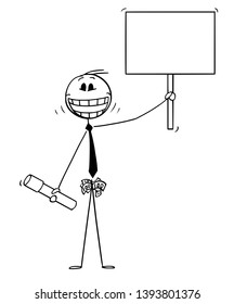 Vector cartoon of crazy smiling man with university education diploma or degree, pockets full of money and holding empty sign.