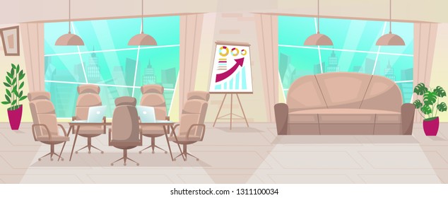 Vector cartoon creative office, coworking collaboration center. Meeting and conference room and business  training. Modern workplace with a sofa, table, chairs, laptops,windows overlooking the city