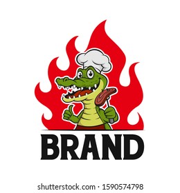 Vector Cartoon Crocodile Barbecue Logo Template 