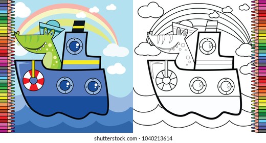 vector cartoon of a crocodile sailing on a ship, coloring book page for children creative activities