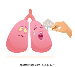 Vector cartoon cry and afraid lungs. smoker hand with cigarette. harm for healthy