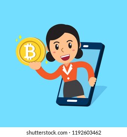 Vector cartoon cryptocurrency concept happy businesswoman with smartphone and money for design.