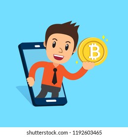 Vector cartoon cryptocurrency concept happy businessman with smartphone and money for design.
