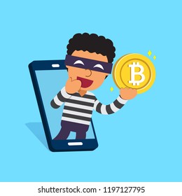 Vector cartoon cryptocurrency concept thief with smartphone and money for design.