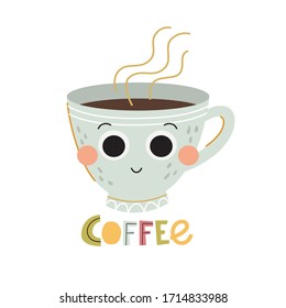 Vector cartoon cup with coffee. Flat style. Excellent for the design of postcards, posters, stickers and so on.