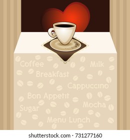 Vector cartoon cup of coffee on napkin with lace. Coffee cup on the table with heart on the back wall