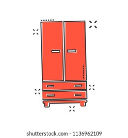 Vector cartoon cupboard icon in comic style. Furniture sign illustration pictogram. Cabinet business splash effect concept.