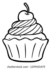 Vector Cartoon Cupcake With Cream And Cherry On Top Line Art