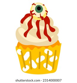 El quequito de dibujos animados vectoriales con crema y decoración con un gran ojo. Ojo de caricatura con sangre en la crema. Gracioso postre de dibujos animados de otoño para Halloween. Dibujar para una postal, una invitación a una parte