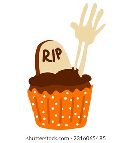 Vector cartoon cupcake with cream and grave and hand decor. Cartoon Halloween theme for kids. Funny autumn cartoon dessert for Halloween. Drawing for postcards, party invitations
