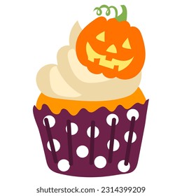 Vector cartoon cupcake with cream and pumpkin decor with a face. Cute smiling Halloween character for kids. Funny autumn cartoon dessert for Halloween. Drawing for a postcard, an invitation to a party