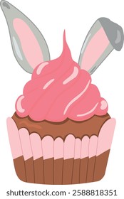 Vector cartoon cupcake. Delicios muffin with pink cream with bunny ears. Easter cake for celebration. In pink and brown colors on white background 