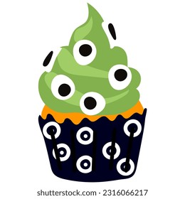 Vector cartoon cupcake with green cream and lots of eyes. Cute Halloween pastries. Funny autumn cartoon dessert for Halloween. Drawing for postcards, party invitations