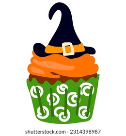 Vector cartoon cupcake with orange cream and a witch hat. Cute Halloween pastries. Funny autumn cartoon dessert for Halloween. Drawing for a postcard, an invitation to a party