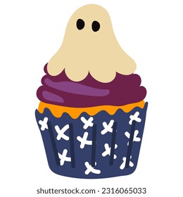 Vector cartoon cupcake with purple cream and white ghost. Cartoon Halloween theme for kids. Funny autumn cartoon dessert for Halloween. Drawing for postcards, party invitations