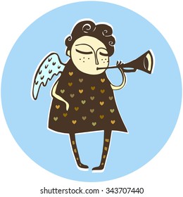 Vector cartoon curly angel with wings playing the trumpet on light blue circle background