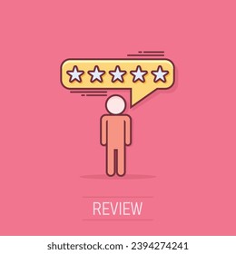 Vector cartoon customer reviews, user feedback icon in comic style. Rating sign illustration pictogram. Stars rating business splash effect concept.