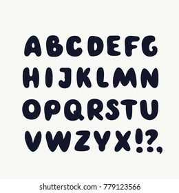 Vector cartoon cute alphabet set. Creative uppercase black letters isolated on black background. Bold font.