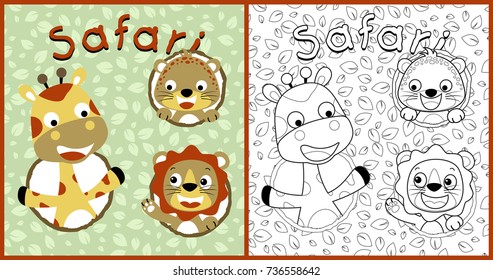 vector cartoon of cute animals on leaves background pattern, coloring book or page