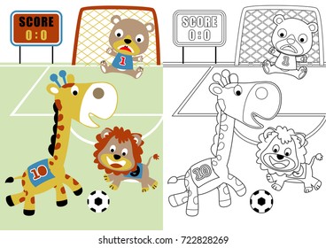 vector cartoon of cute animals playing soccer, coloring page or book