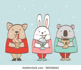 Vector cartoon cute animals together friends, cat, rabbit and koala bear with cupcake, smoothie and coffee cup