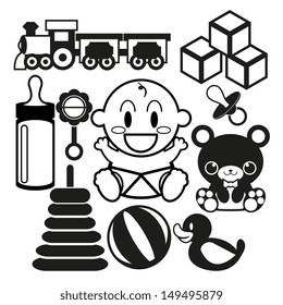 Vector Cartoon Cute Baby And Different Toys And Objects