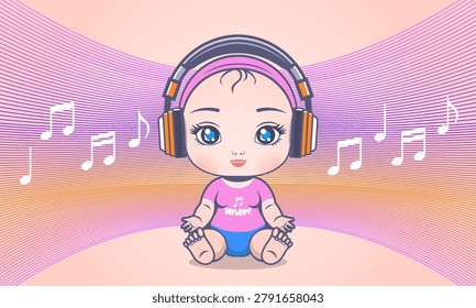 Vector cartoon cute baby doll sitting, listening to music, melody in headphones. Background musical symbols. Child learns about world through sounds and rhythm. Little music lover. Young DJ and notes