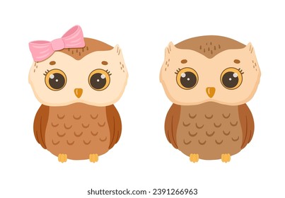 Vector cartoon cute baby girl and boy owl. Hand drawn character forest bird isolated on white background. Woodland illustration for kids