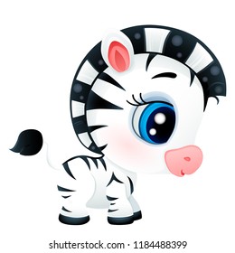 vector cartoon cute baby zebra with big blue eyes, character isolated on white background, funny foal, african animals, eps 10,  striped