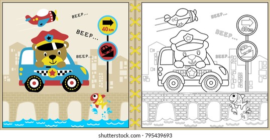 Vector cartoon of cute bear drive police car on bridge with a fish, transport elements, coloring page or book