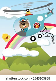 Vector cartoon of cute bear driving helicopter on sky objects background, bird perch on rainbow