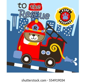 Vector cartoon of cute bear driving fire truck on buildings background