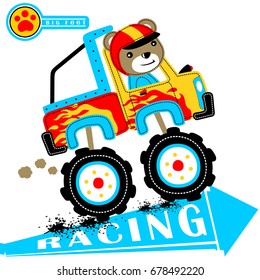 vector cartoon of cute bear driving monster truck