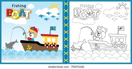 Vector cartoon of cute bear fishing on boat, group of bird fly on blue sky background, coloring book or page