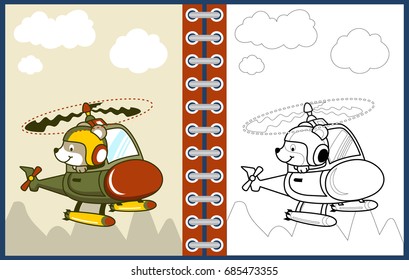 Vector cartoon of cute bear on military helicopter, coloring page or book