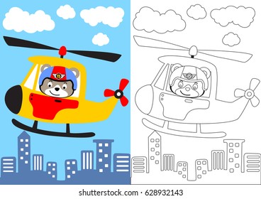 cartografía vectorial del piloto de oso con helicóptero, libro de colorear o página