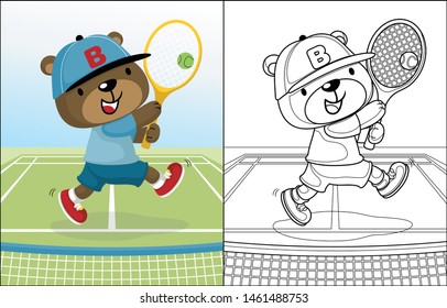 Vector cartoon of cute bear playing tennis, coloring book or page