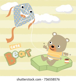 vector cartoon of cute bear playing kite on striped background