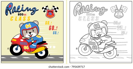 Vector cartoon of cute bear in racer costume on motorbike, coloring page or book
