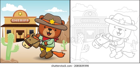 Vector cartoon of cute bear riding stick horse toy on sheriff office background. Coloring book or page