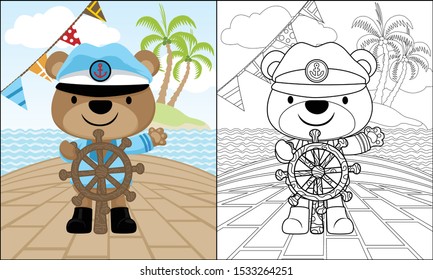 Vector cartoon of cute bear sailor holding steering wheel in a ship on sea background, coloring book or page