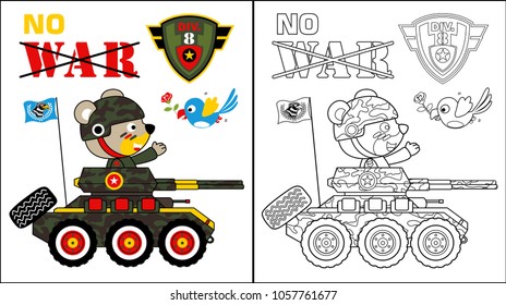 Vector cartoon of cute bear in soldier costume on military vehicle, a bird carrying flower. coloring book or page