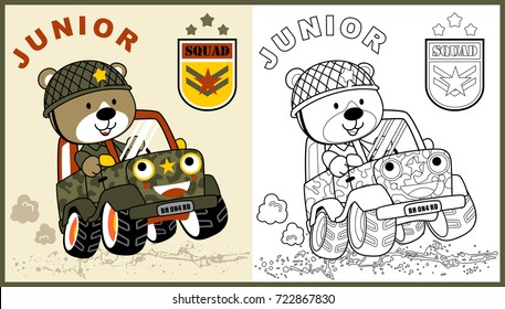 vector cartoon cute bear soldier driving funny military vehicle  coloring page book