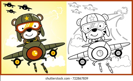 vector cartoon cute bear soldier military airplane  coloring page book