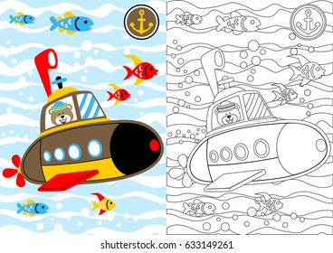 vector cartoon of cute bear in submarine with fishes undersea, coloring book or page