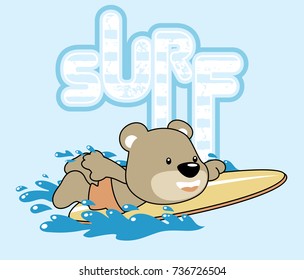 vector cartoon of cute bear surfing on typography background